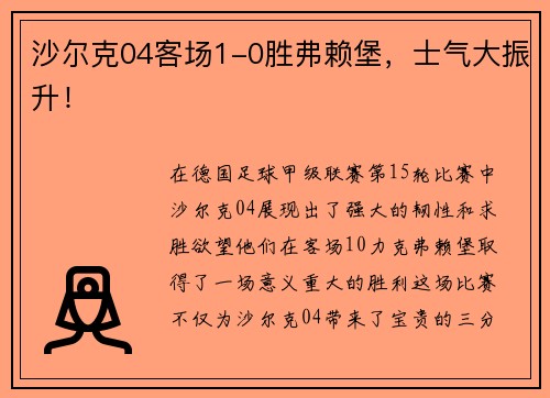 沙尔克04客场1-0胜弗赖堡，士气大振升！