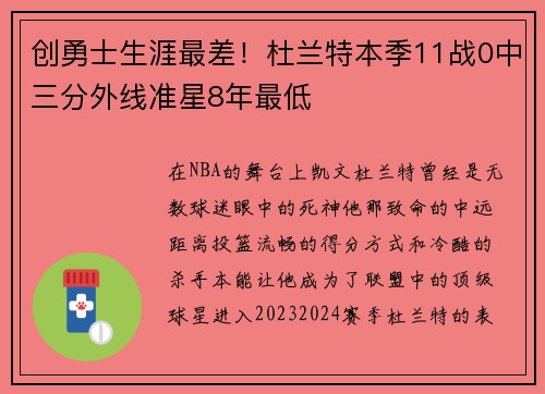 创勇士生涯最差！杜兰特本季11战0中三分外线准星8年最低