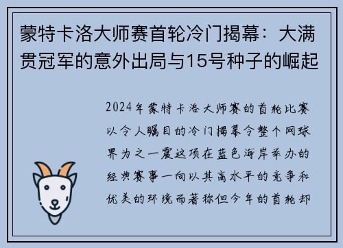 蒙特卡洛大师赛首轮冷门揭幕：大满贯冠军的意外出局与15号种子的崛起