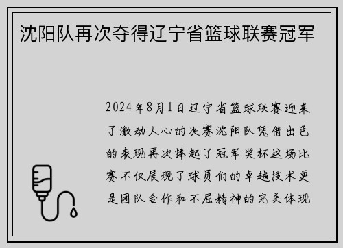 沈阳队再次夺得辽宁省篮球联赛冠军