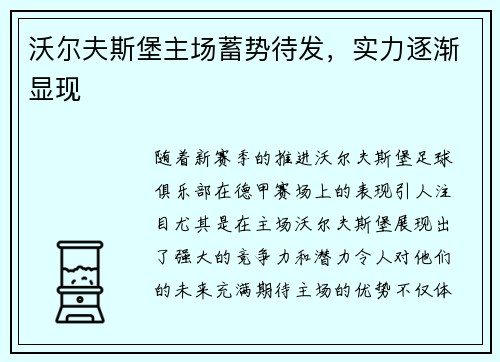 沃尔夫斯堡主场蓄势待发，实力逐渐显现