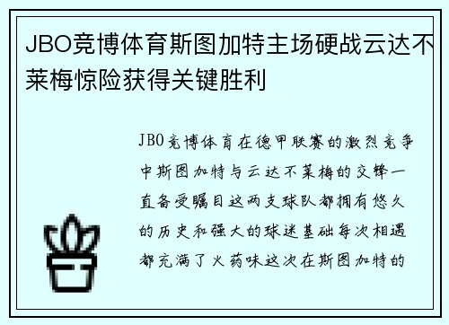 JBO竞博体育斯图加特主场硬战云达不莱梅惊险获得关键胜利